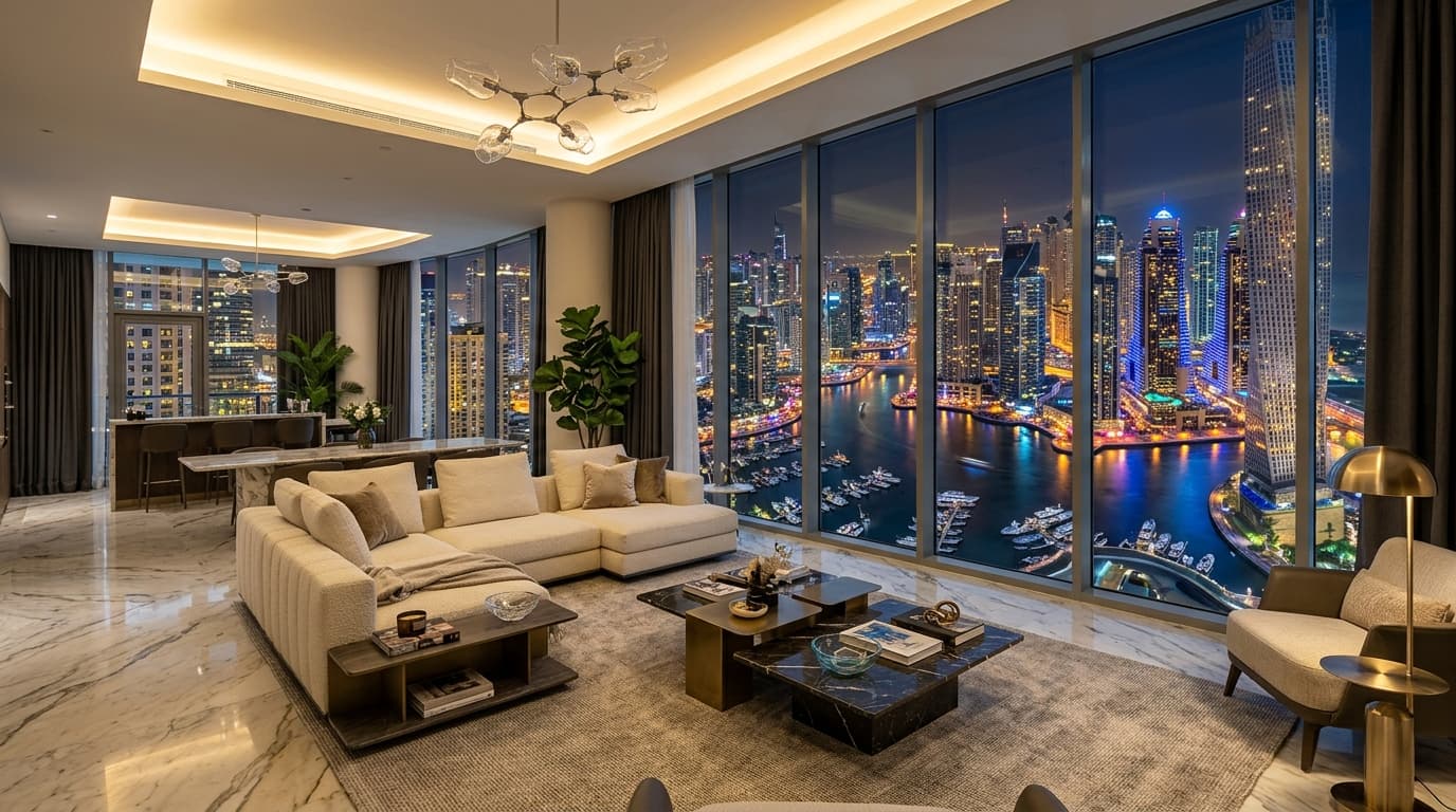 Luxury penthouses in Dubai featuring elegant interiors and stunning skyline views