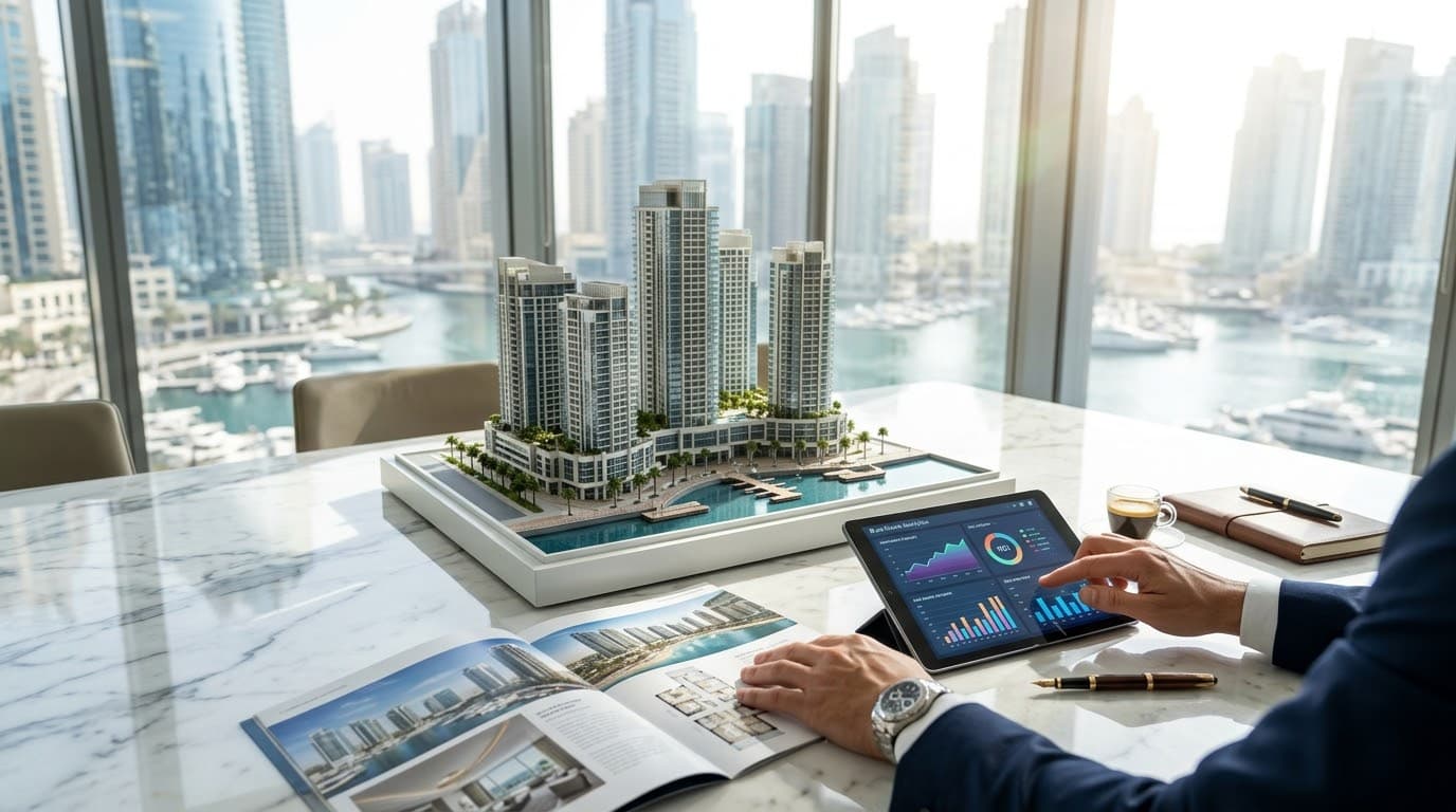 Smart property buyer in Dubai researching the market, evaluating property prices, and considering rental income before investing