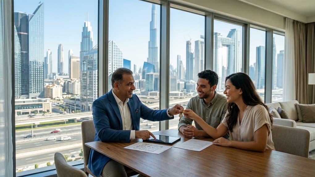 Real estate expert reviewing lease agreements to manage rental properties in Dubai efficiently and professionally.